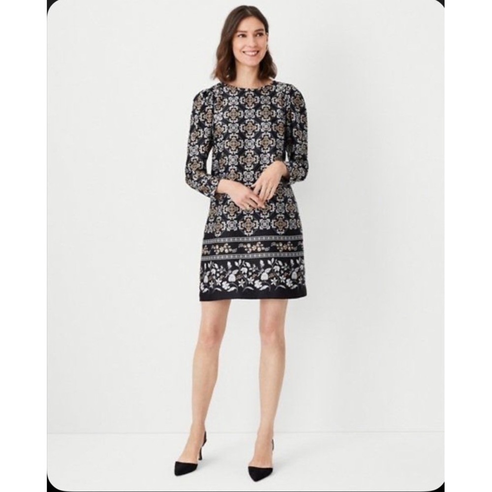 Ann Taylor Womens Black Floral Satin Puff Long Sleeve‎ Shift Dress Small